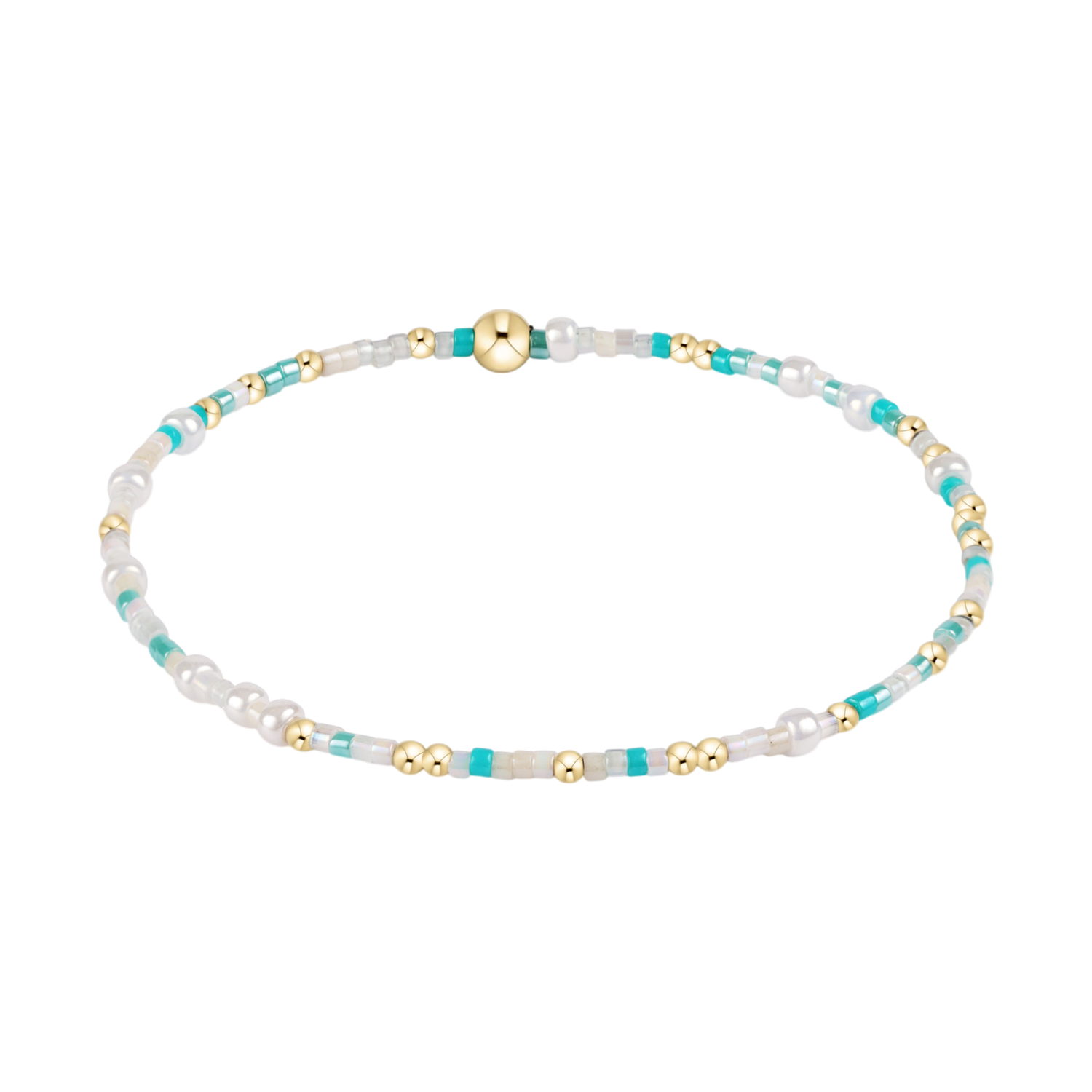 A delicate beaded bracelet featuring shiny gold spherical beads, irregular white pearls, and small teal seed beads arranged in a flowing oval shape