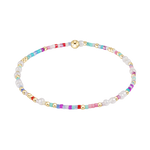 Beaded bracelet featuring a delicate mix of lustrous gold beads, unique white freshwater pearls, and vibrant multicolored glass seed beads including shades of pink, blue, red, and purple