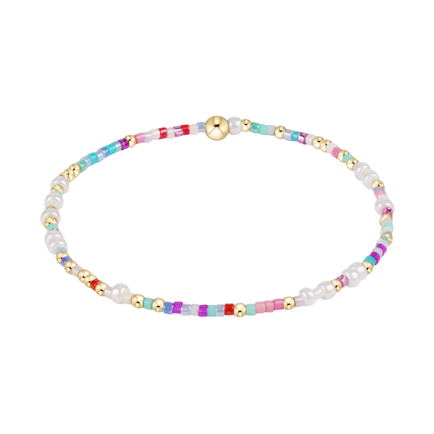 Beaded bracelet featuring a delicate mix of lustrous gold beads, unique white freshwater pearls, and vibrant multicolored glass seed beads including shades of pink, blue, red, and purple