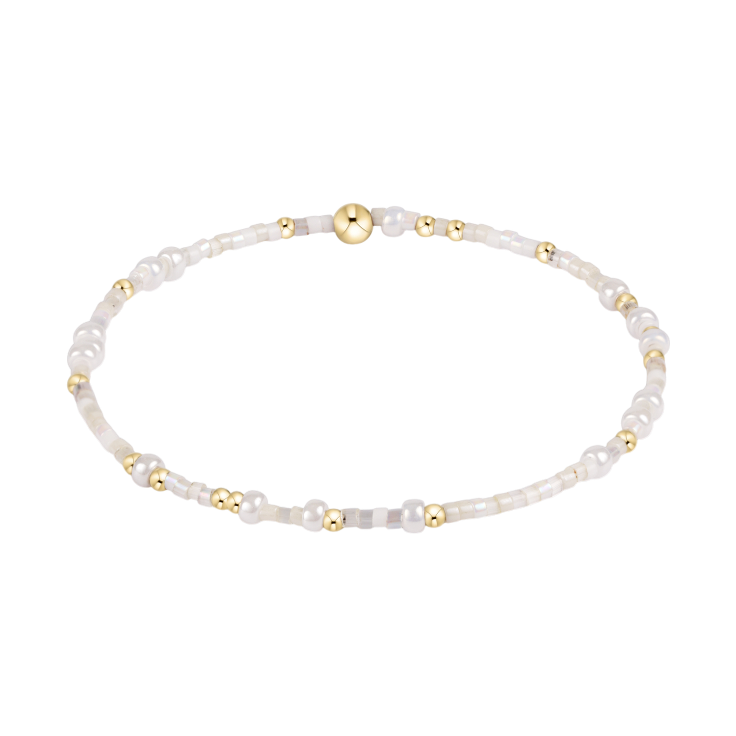 Jewelry beaded bracelet featuring varied natural pearls small gold beads tiny iridescent seed beads and a prominent central gold sphere