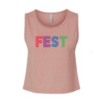 Photograph of a heather peach women's cropped muscle tank top on a white background featuring the word FEST in outlined red purple blue and green letters