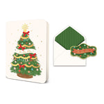 Christmas greeting card with decorated tree illustration and matching envelope with green striped liner