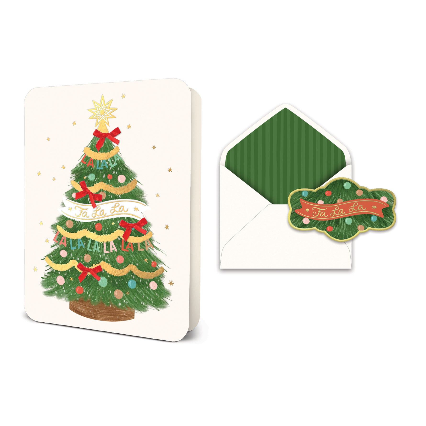 Christmas greeting card with decorated tree illustration and matching envelope with green striped liner