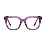 Digital photograph of stylish translucent purple eyeglasses featuring clear lenses and brown arms