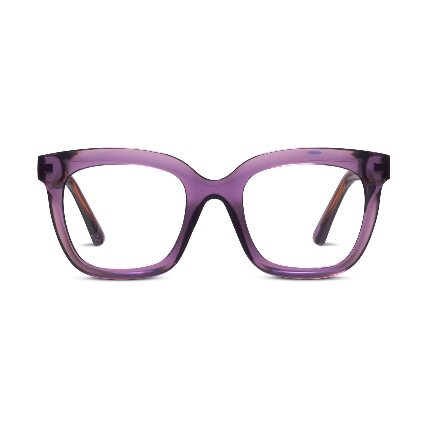 Digital photograph of stylish translucent purple eyeglasses featuring clear lenses and brown arms