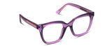 Product photo of stylish cat-eye prescription glasses featuring translucent purple frames and rose gold glitter temple accents on a white background