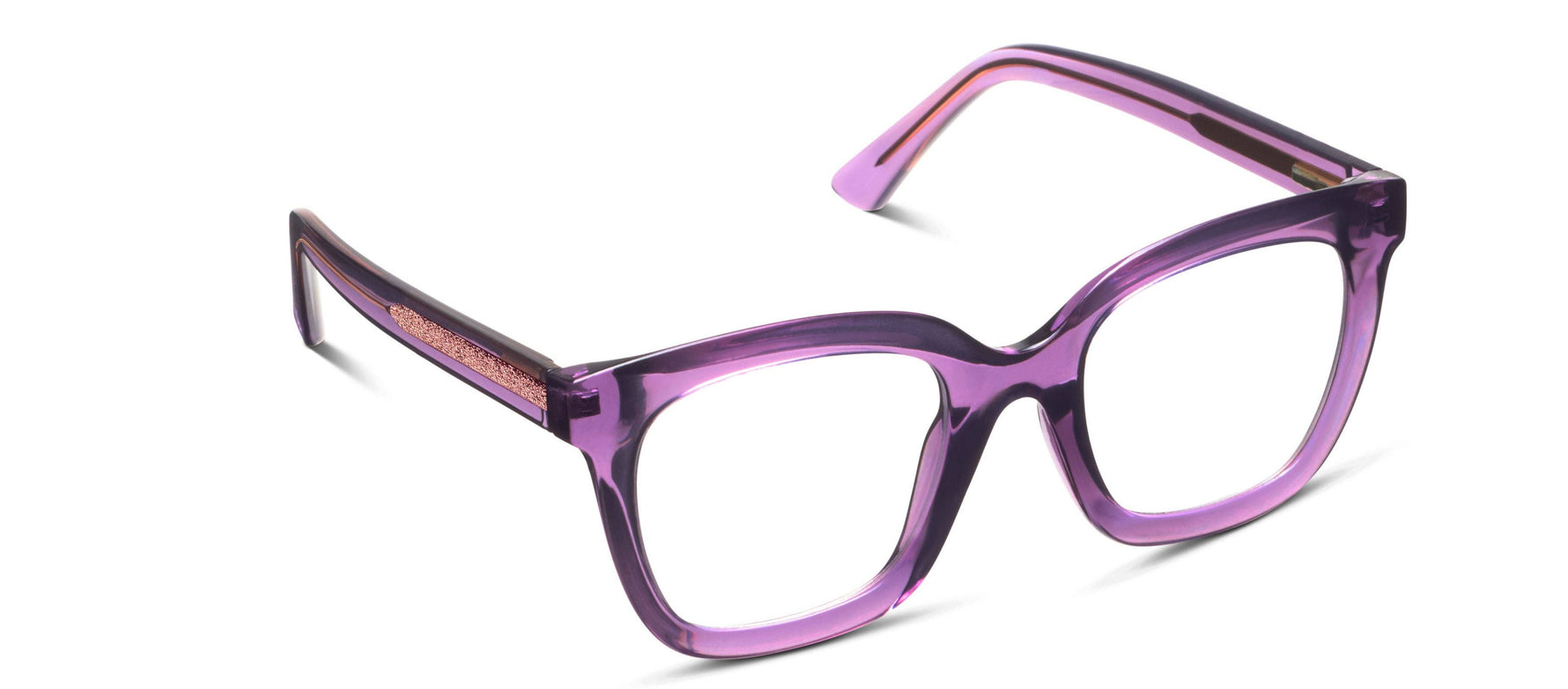 Product photo of stylish cat-eye prescription glasses featuring translucent purple frames and rose gold glitter temple accents on a white background