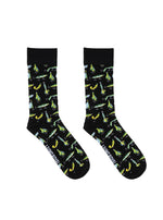 Black crew socks with a repeating pattern of colorful fishing lures