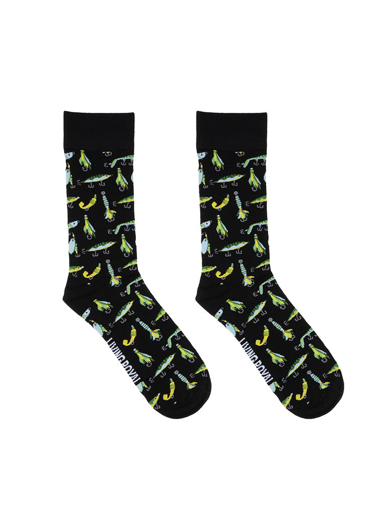 Black crew socks with a repeating pattern of colorful fishing lures
