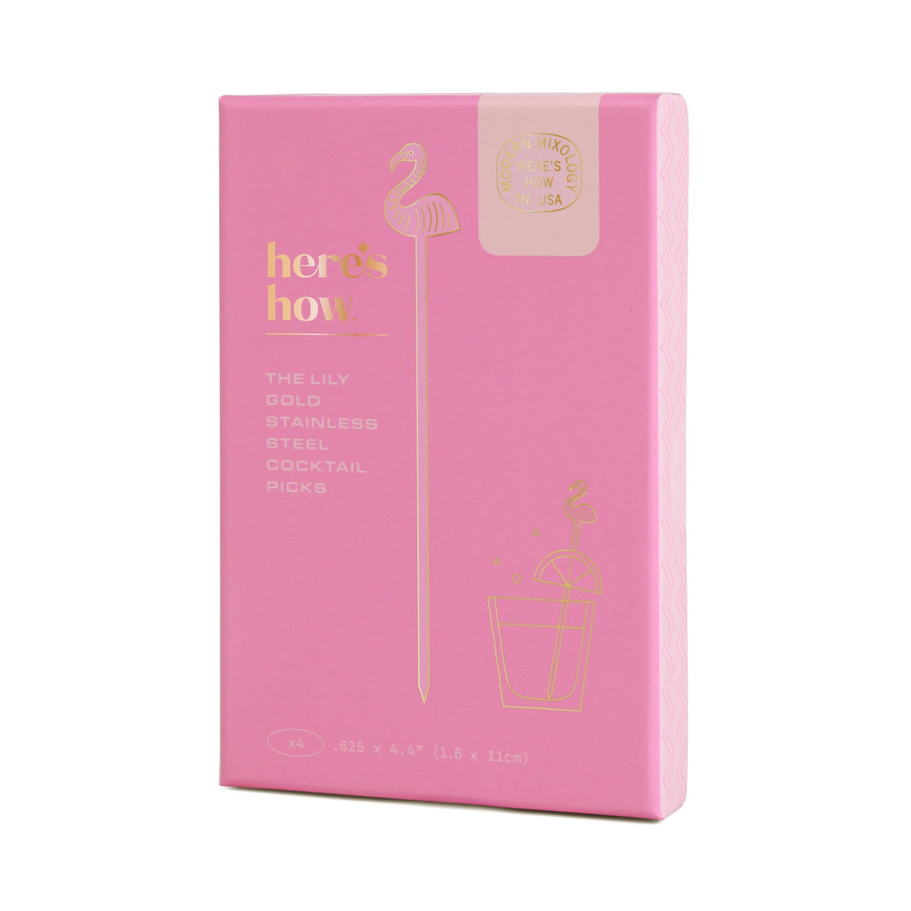 Product packaging by Here's How Modern Mixology, a vibrant pink box for "The Lily" gold stainless steel cocktail picks, featuring a prominent gold flamingo design, a cocktail glass illustration, and "Modern Mixology TN, USA" branding