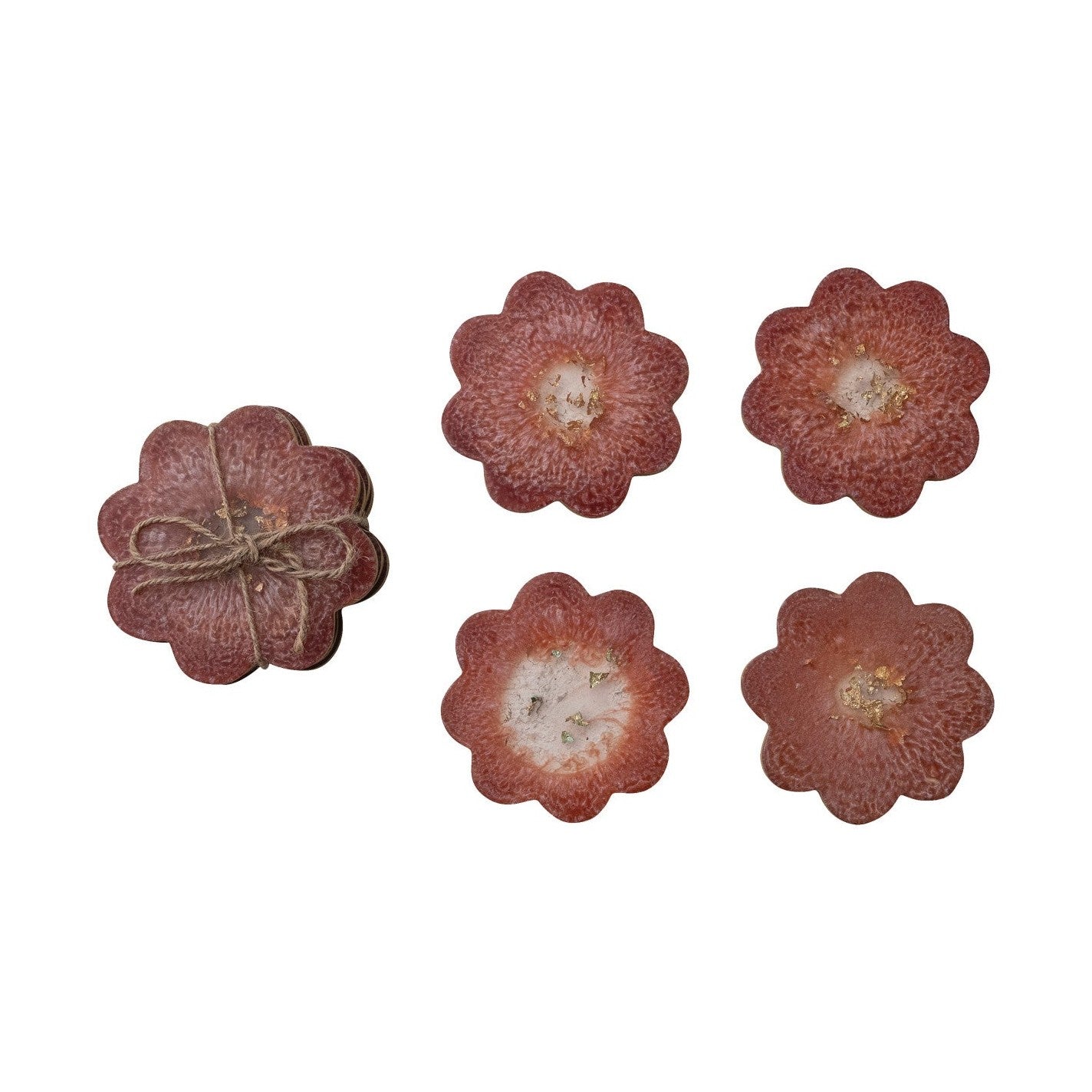 Set of four flower shaped red resin coasters with gold leaf accents