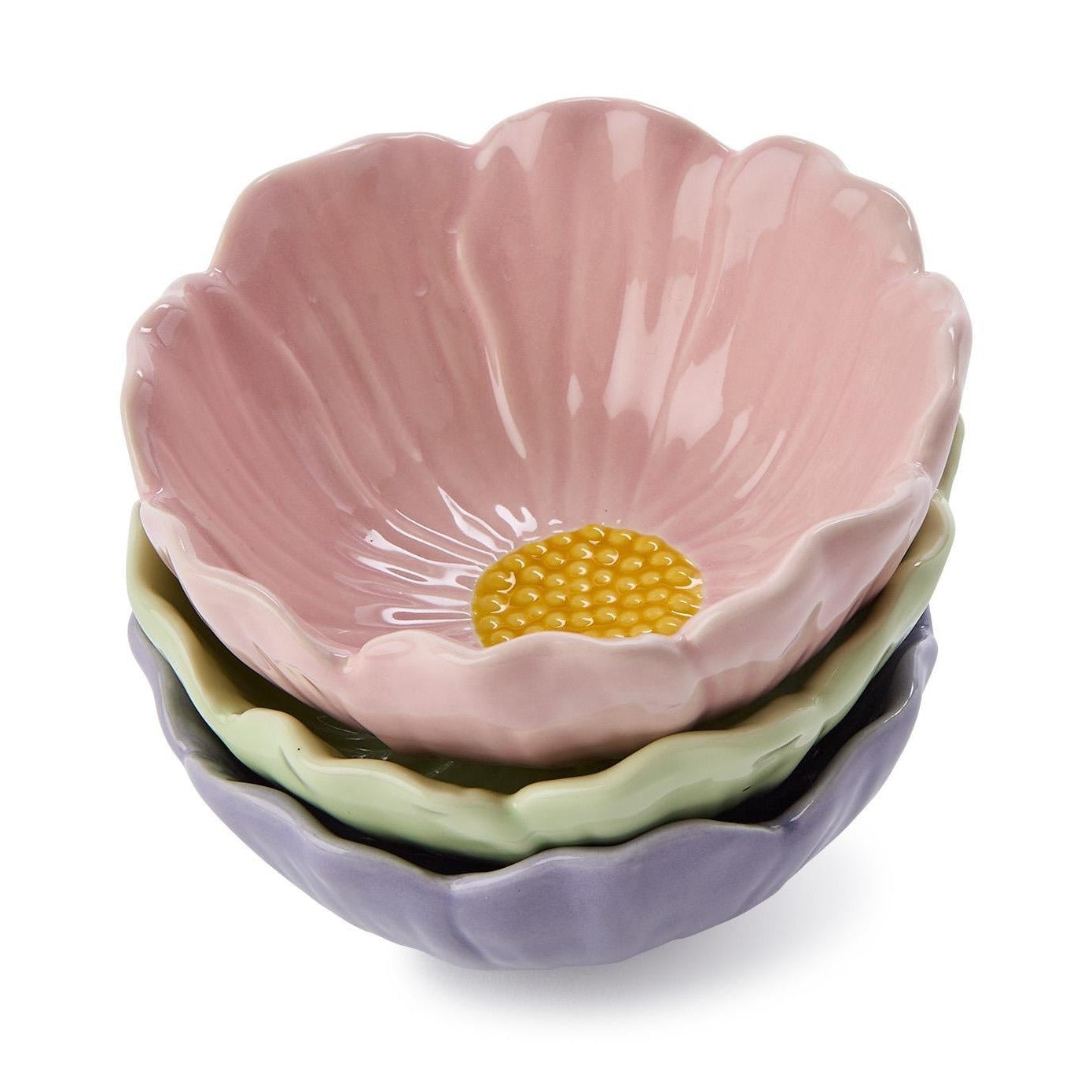 Ceramic three stacked flower-shaped bowls featuring pastel pink, light green, and lavender hues with a textured yellow center