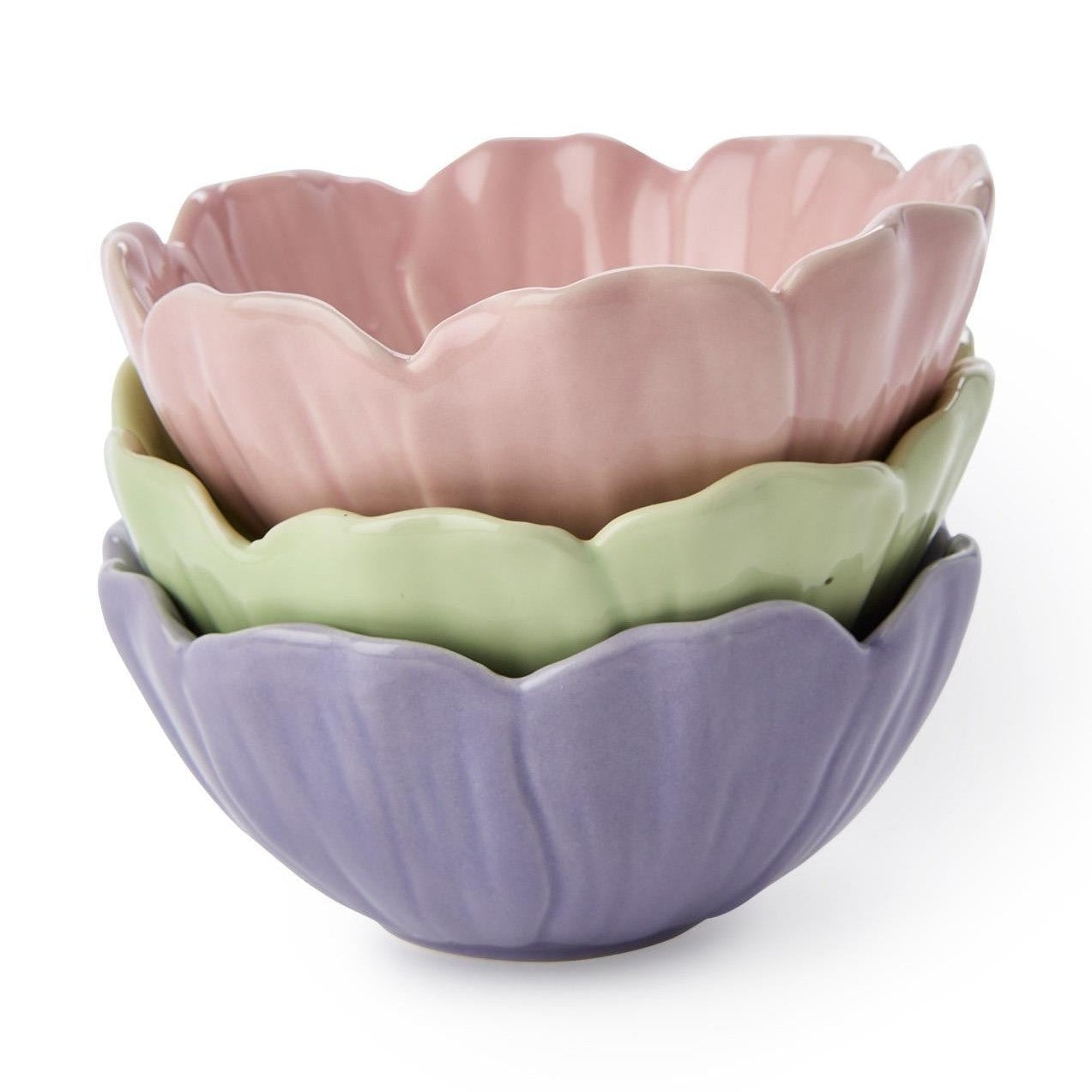 Ceramic stacked flower-shaped bowls in pastel pink, green, and purple
