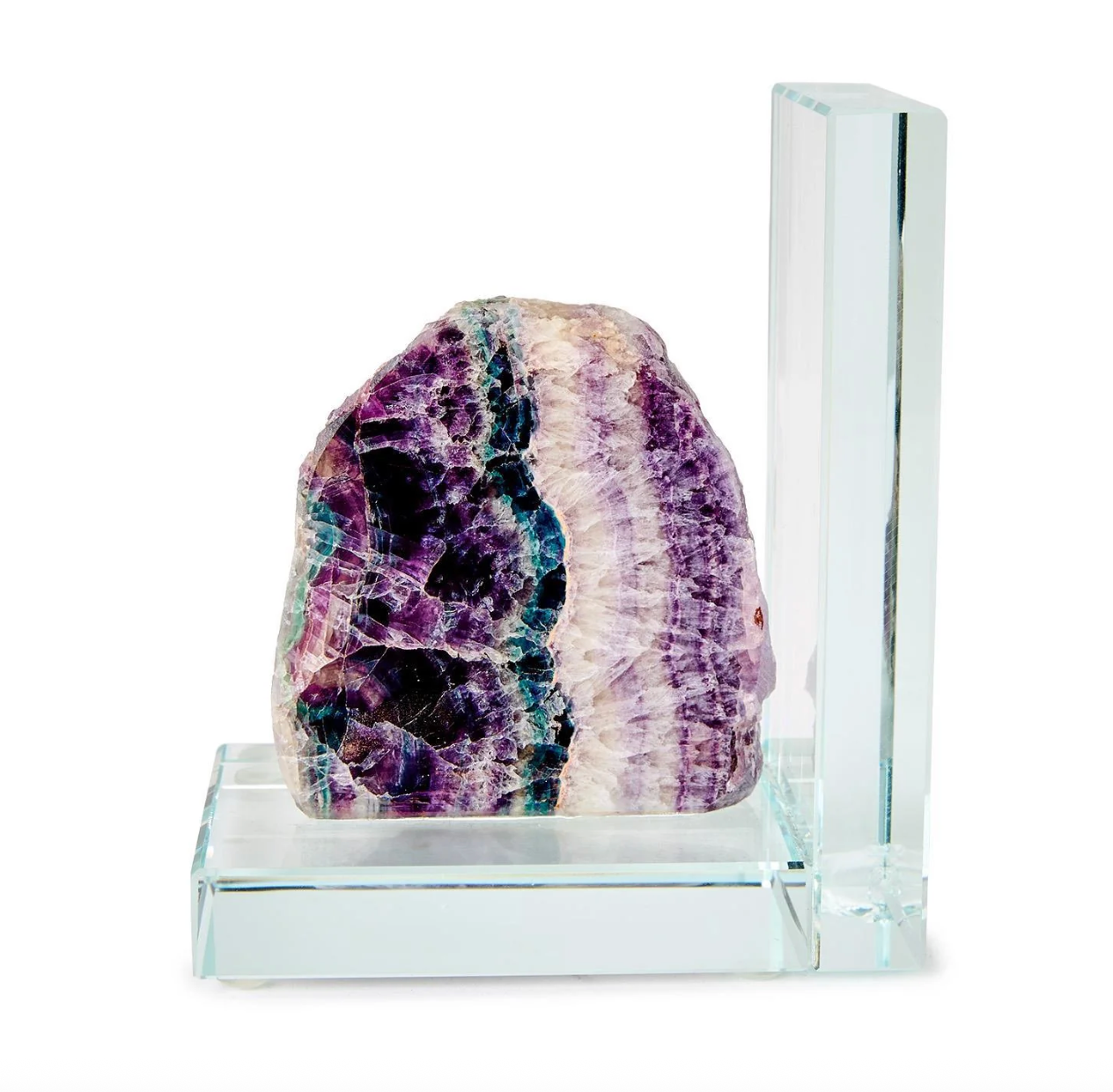 Natural fluorite crystal bookend featuring vibrant purple violet and teal bands with raw crystalline texture mounted on a clear polished glass base