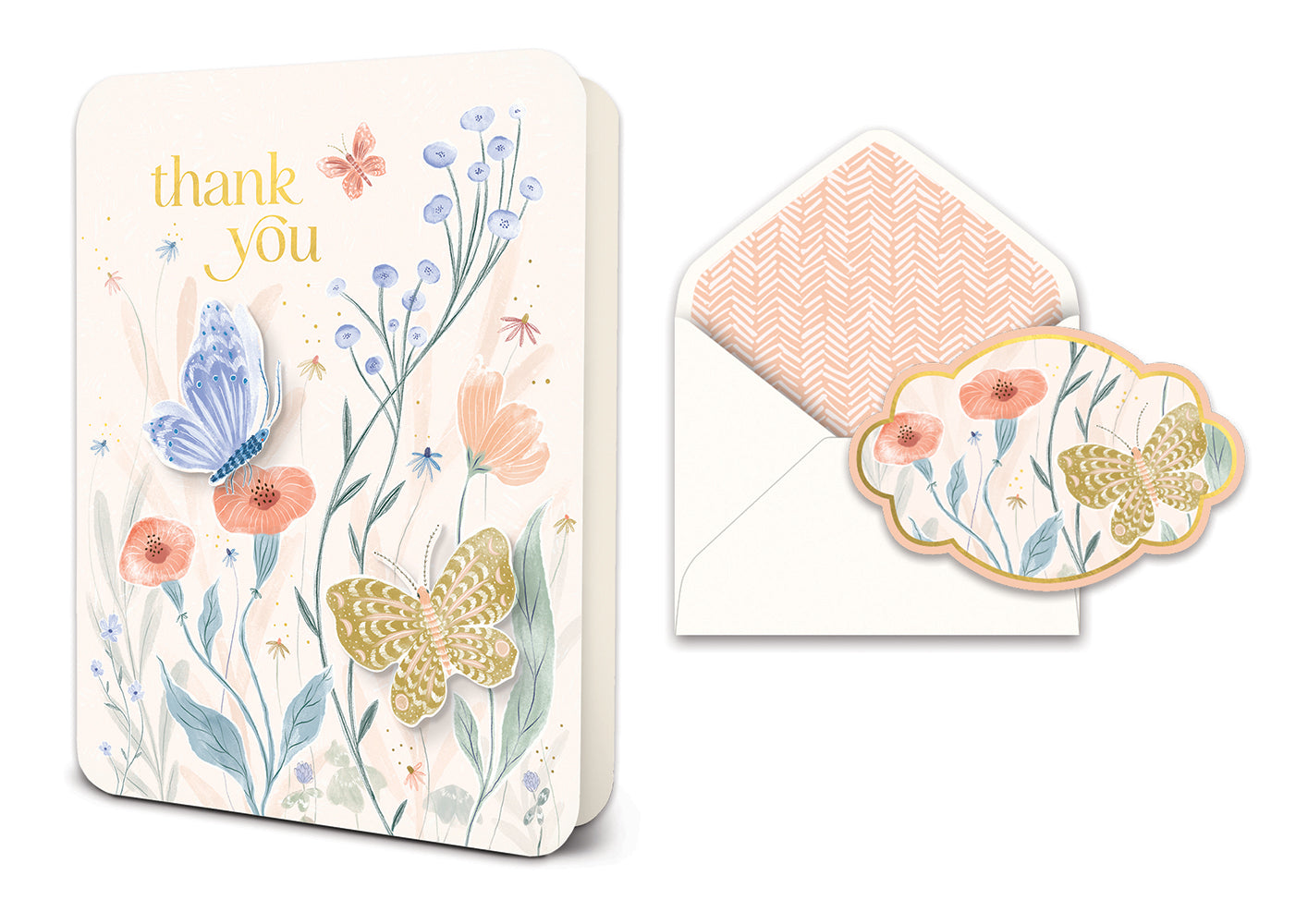 Thank you card with floral and butterfly illustrations and matching envelope