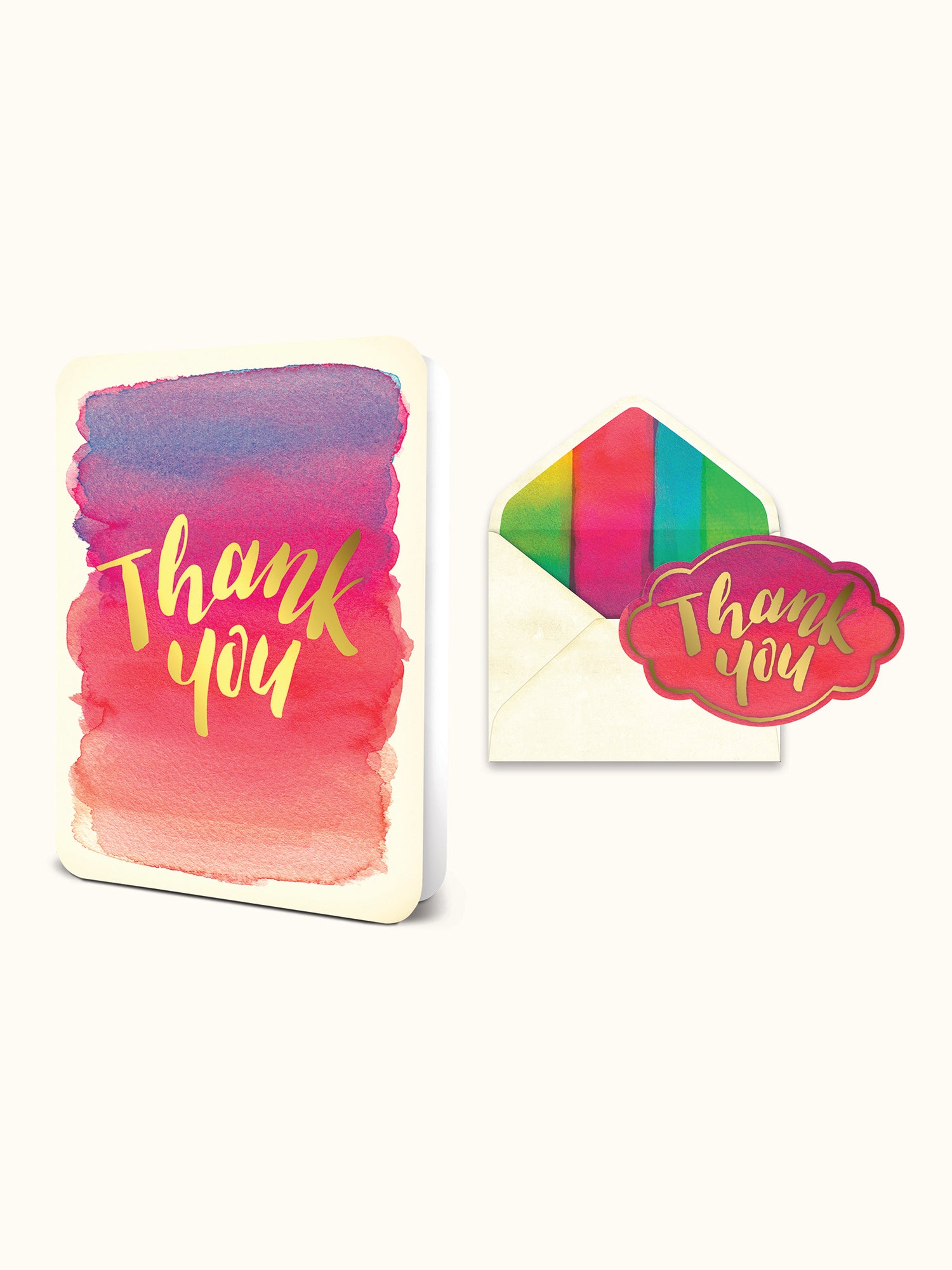 Thank you greeting card with watercolor gradient and gold lettering next to an envelope with a colorful liner