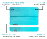 Product image of a teal Toadfish folding cutting board highlighting its patented hinge fold-up design, high-density food-safe polyethylene construction, anti-skid rubber bottom, and built-in 2-stage carbide knife sharpener