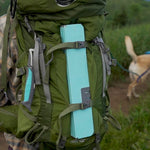 A green Osprey Aether hiking backpack on a dirt trail showing a light blue TOAD&CO foam pad strapped on one side and a turquoise-handled tool on the other, with a blurry yellow dog on a leash in the background