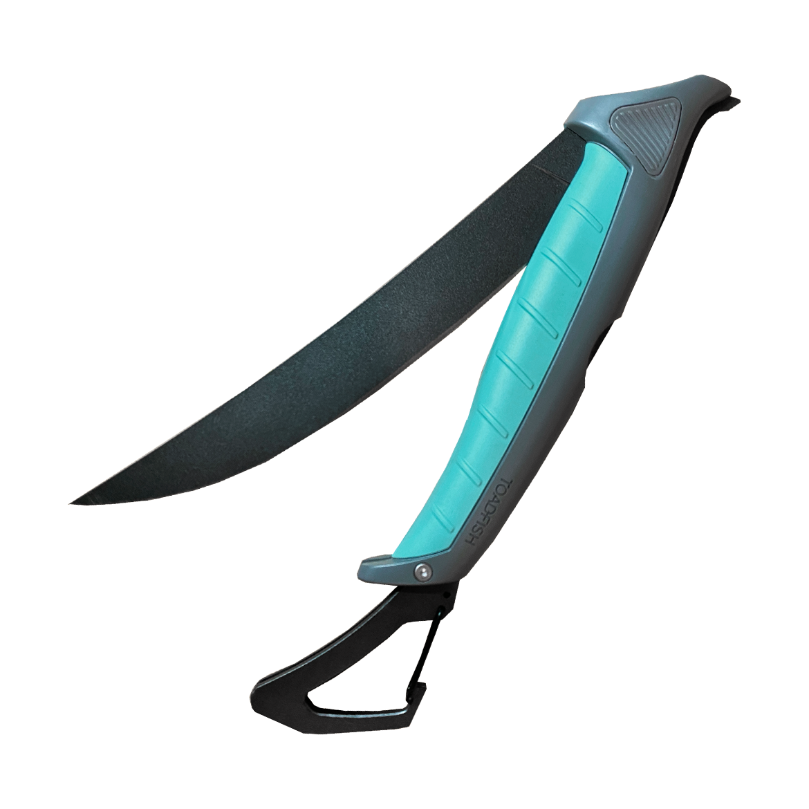 Toadfish folding fishing fillet knife with a matte black blade, aqua blue textured handle featuring the TOADFISH logo, gray accents, and a black carabiner clip isolated on a white background