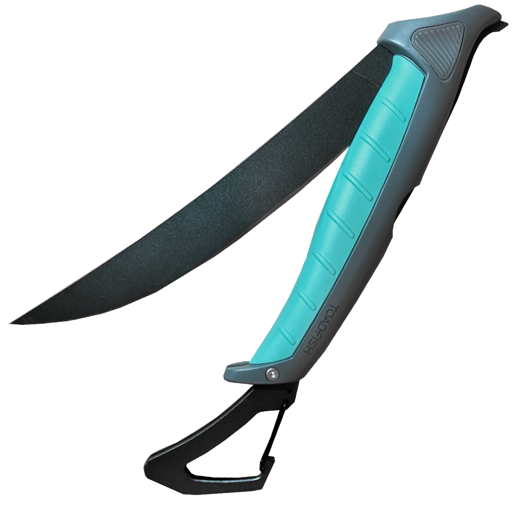 Product photography of a Toadfish stowaway folding fillet knife featuring a matte black non-stick blade, a signature teal and grey ergonomic handle, and an integrated carabiner clip