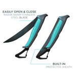 Product photography by Toadfish showing a teal and gray fishing fillet knife with a razor sharp stainless steel blade both open and securely closed in its built-in protective sheath on a white background