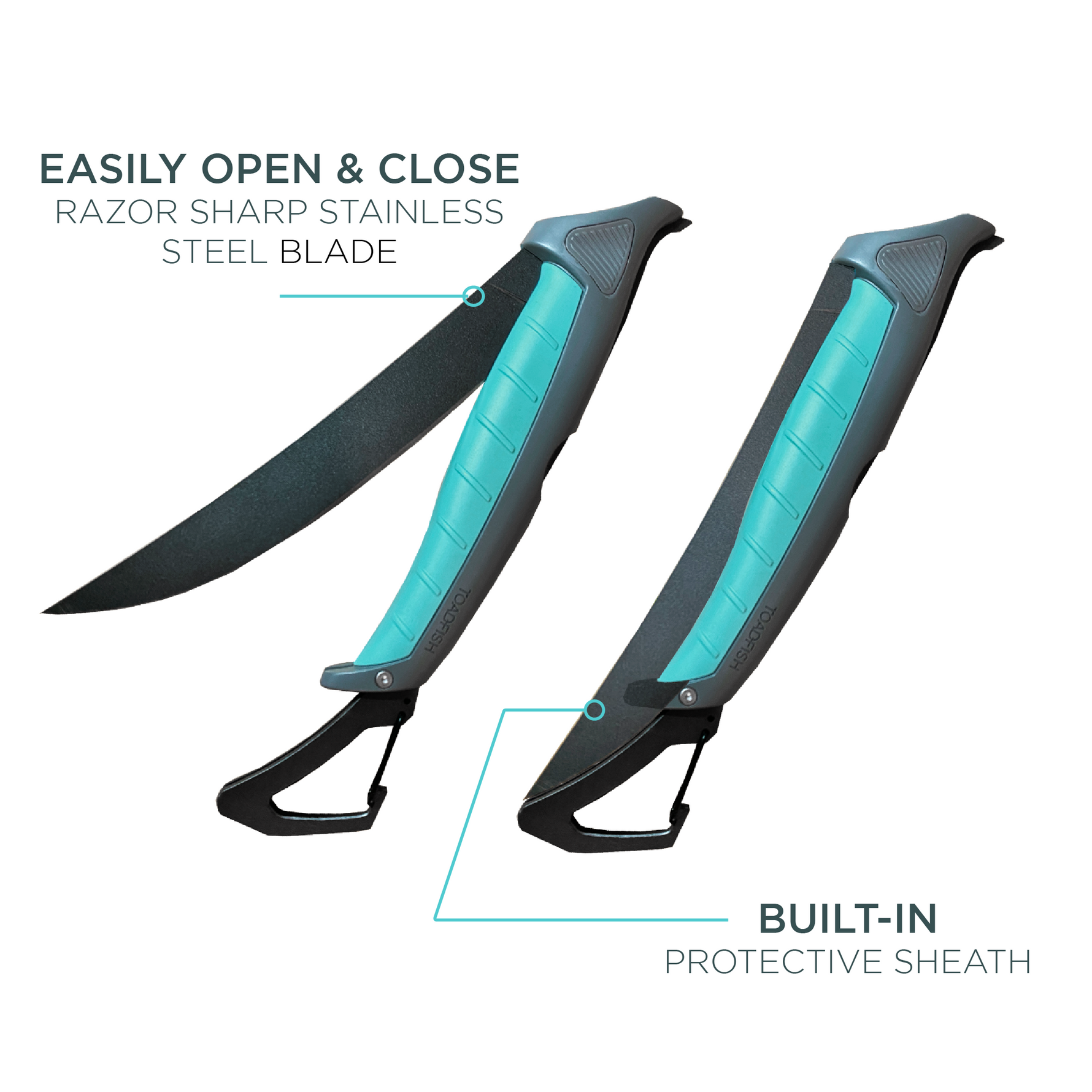 Product photography by Toadfish showing a teal and gray fishing fillet knife with a razor sharp stainless steel blade both open and securely closed in its built-in protective sheath on a white background