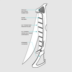 Digital technical illustration by Toadfish of an 8.5-inch titanium rust-resistant fillet knife featuring the brand name, raised rib grips, and a stowaway carabiner