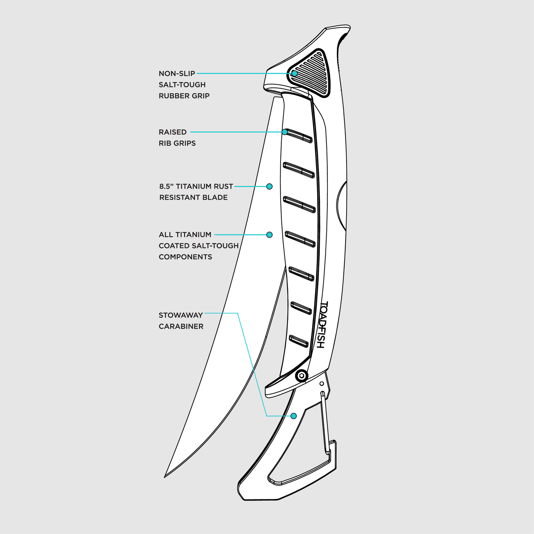 Digital technical illustration by Toadfish of an 8.5-inch titanium rust-resistant fillet knife featuring the brand name, raised rib grips, and a stowaway carabiner