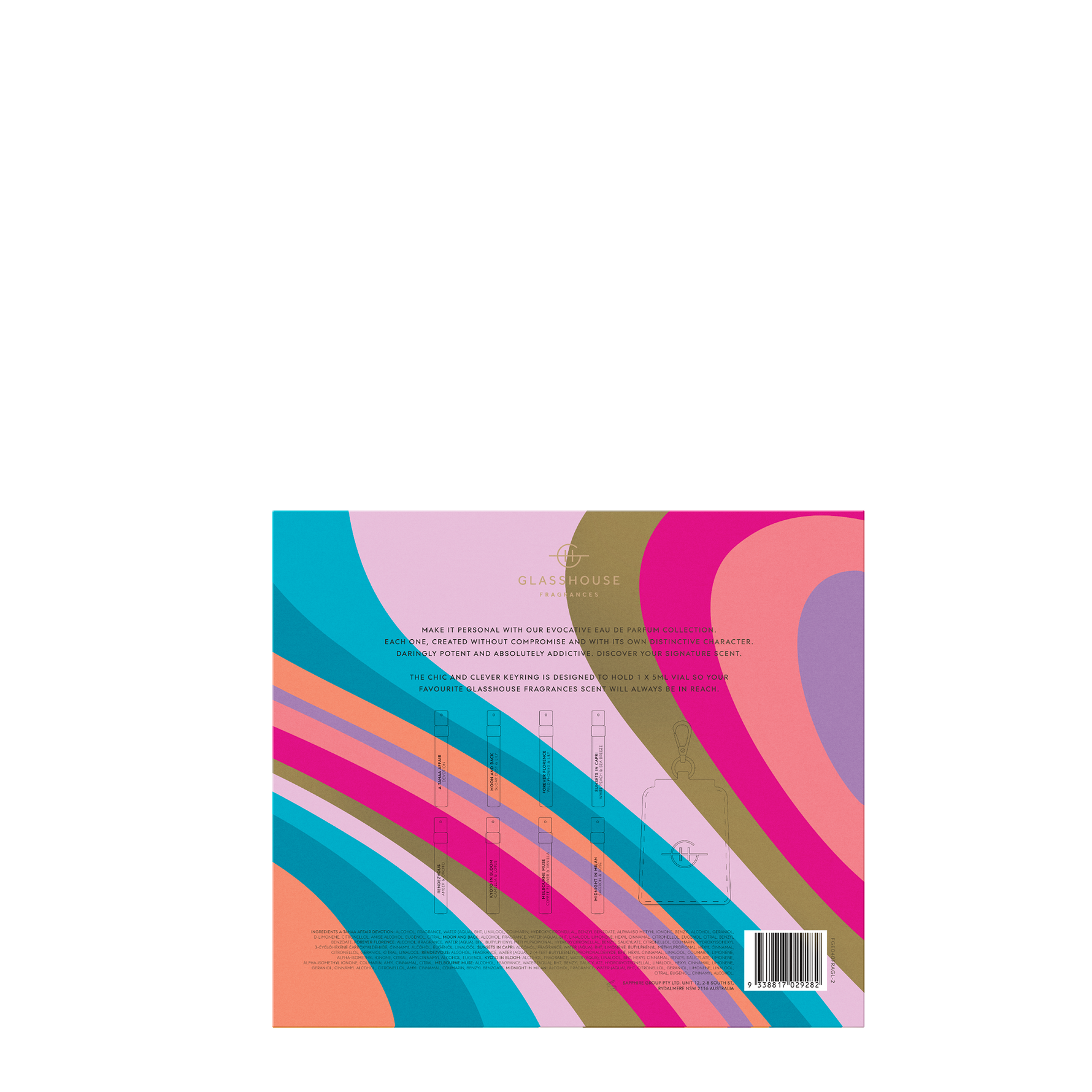 Graphic design Glasshouse Fragrances Eau de Parfum collection box featuring vibrant abstract waves in pink, teal, gold, and orange, with a gold logo, eight mini fragrance vials, and a keyring for a 5ml vial