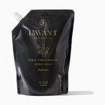 L'AVANT COLLECTIVE photograph of a black stand-up pouch of Fresh Linen Dish Soap with elegant gold text and a white top spout on a minimalist white background