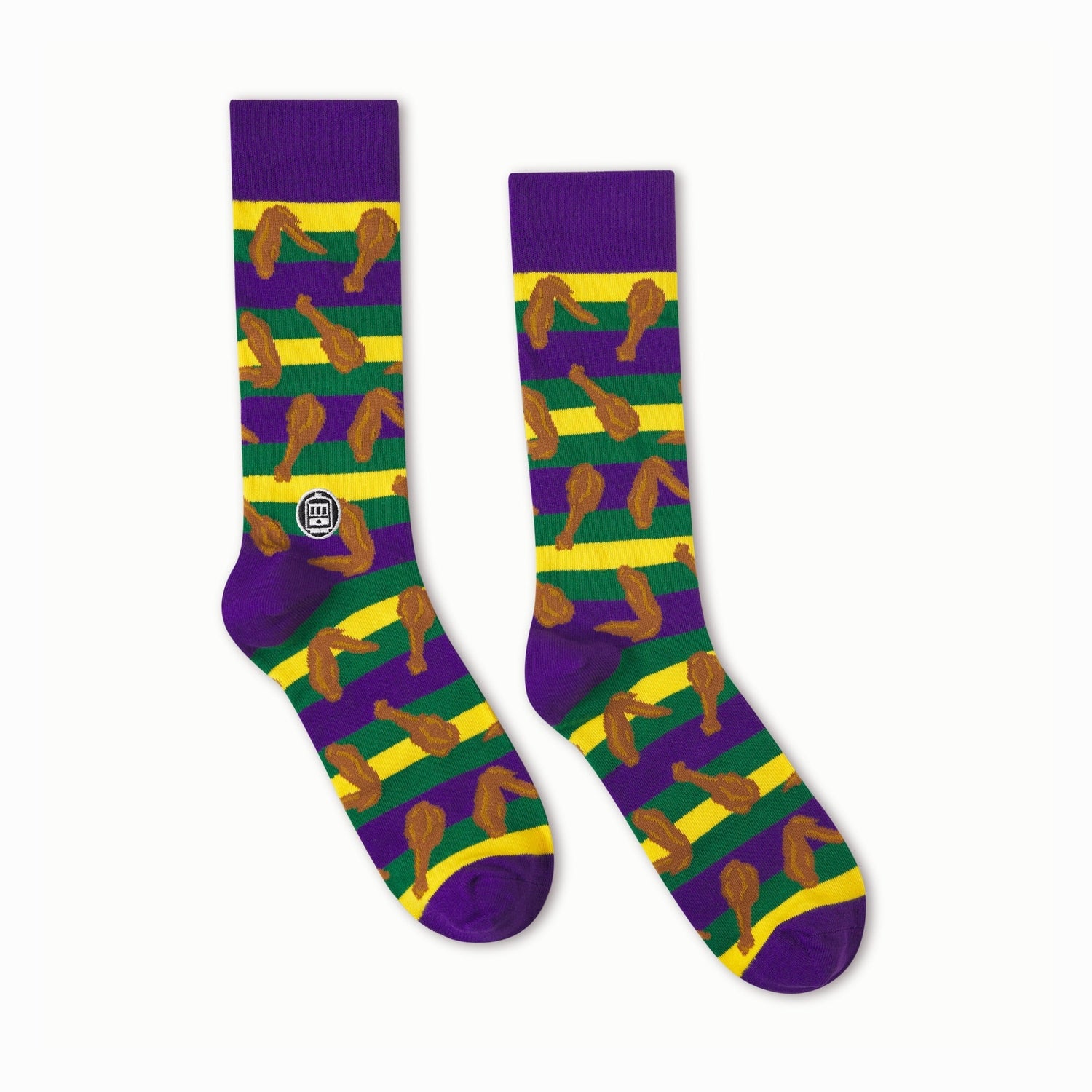Colorful socks with a fried chicken pattern on a white background