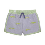 Blue and white pinstriped children's shorts featuring green alligator embroidery a green striped waistband and trim and a purple drawstring