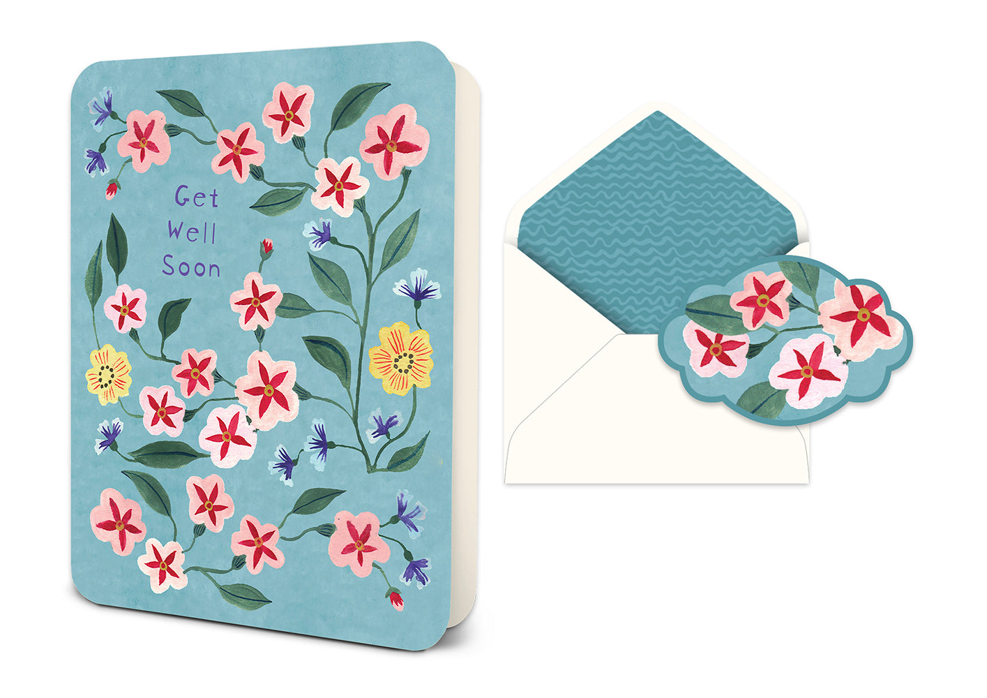 Get well soon greeting card with floral pattern and matching envelope