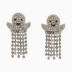 Pair of dazzling ghost-shaped fashion earrings adorned with clear rhinestones, black eyes, a smiling mouth, and cascading crystal fringe details