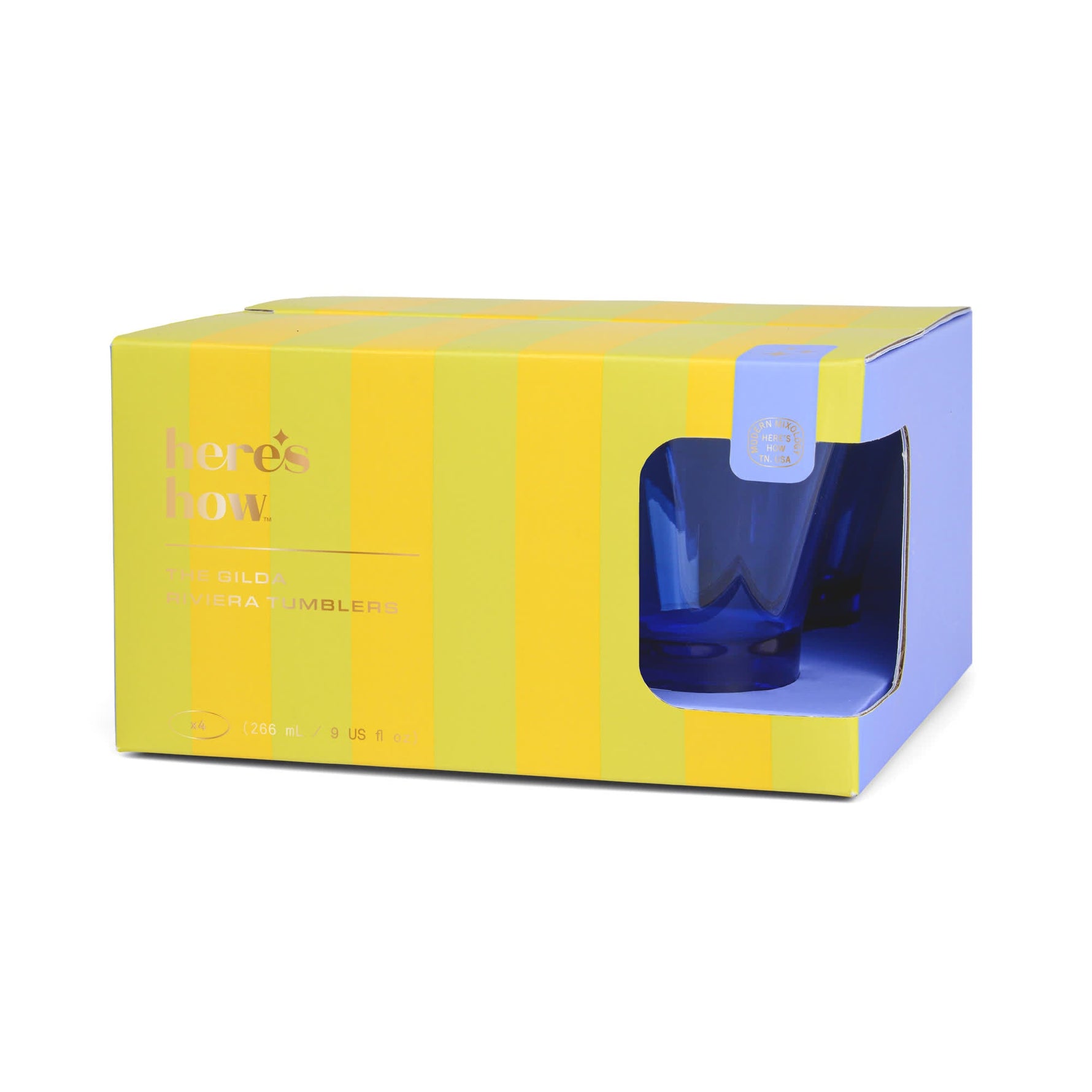 Here's How The Gilda Riviera Tumblers packaging features a vibrant yellow and lime green striped box with a window displaying a deep blue glass containing four 266 mL glasses