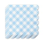 Stack of blue and white gingham paper napkins with scalloped edges