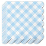 Stack of light blue and white gingham paper napkins with scalloped edges
