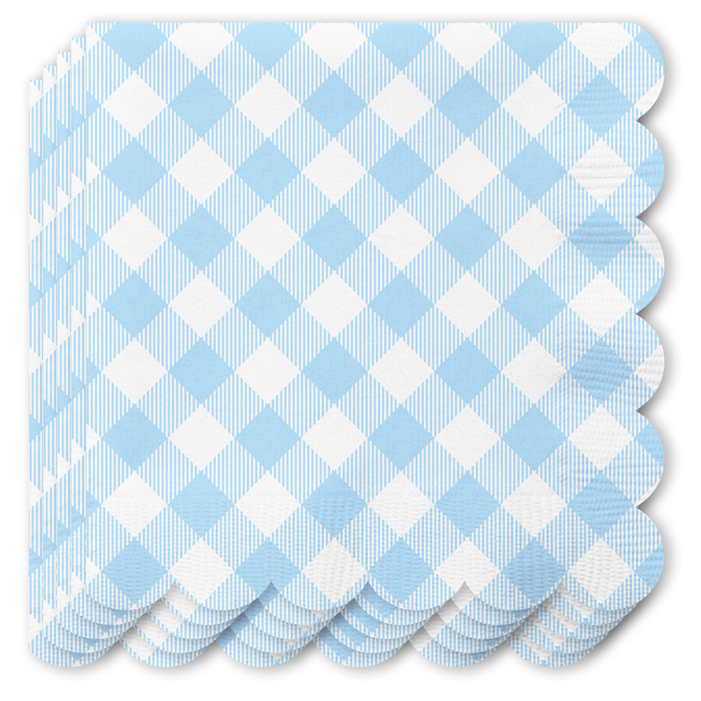 Stack of light blue and white gingham paper napkins with scalloped edges