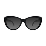 Digital photograph of sleek black cat-eye sunglasses featuring dark grey gradient lenses and a subtle reddish-brown detail on the inner left rim against a clean white background
