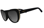 Black goodr cat-eye sunglasses with gradient gray lenses, gold trim accenting the frames, and the goodr logo in gold on the temple