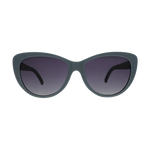 Product photography of dark grey cat-eye sunglasses with gradient dark purple to light grey tinted lenses on a black background