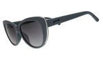 Product photography of goodr slate blue oversized cat-eye sunglasses with gold trim, gradient grey polarized lenses, and the goodr logo on the temple