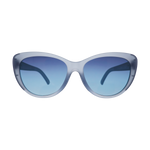 A pair of elegant frosted grey cat-eye sunglasses featuring vibrant gradient blue lenses and sleek dark temples