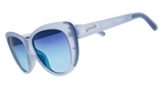 goodr sunglasses featuring a frosted light blue cat-eye frame with gradient blue lenses and a silver goodr logo on the temple