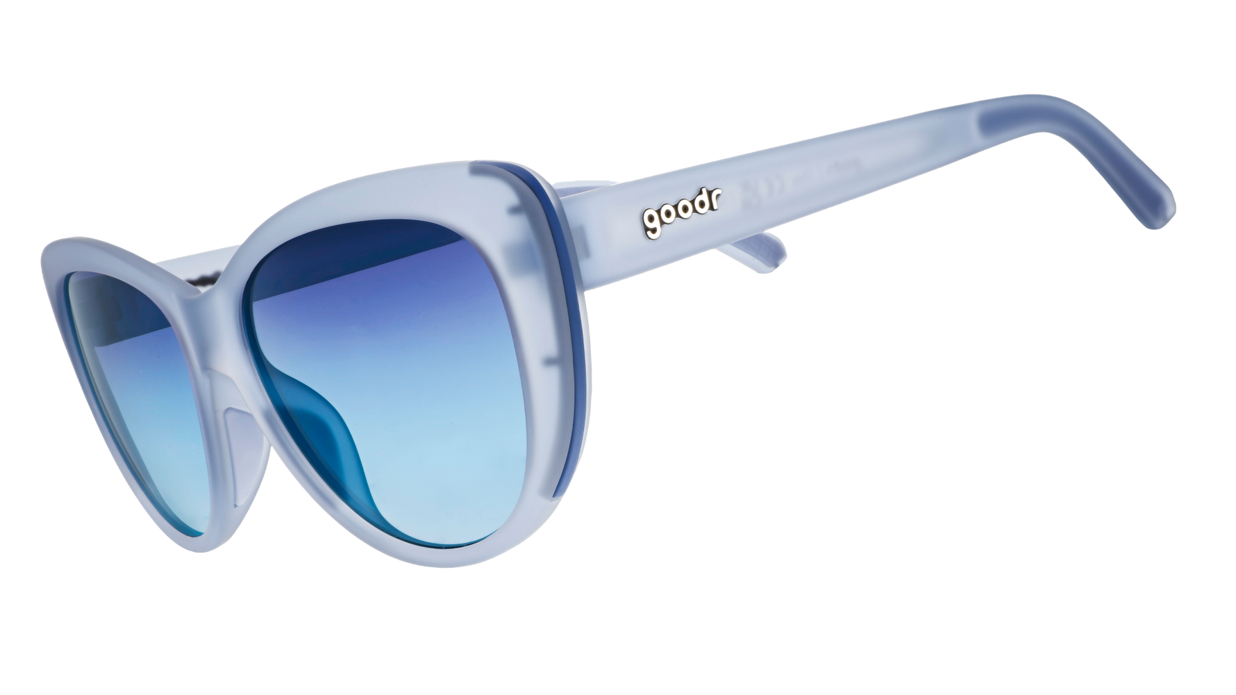 goodr sunglasses featuring a frosted light blue cat-eye frame with gradient blue lenses and a silver goodr logo on the temple