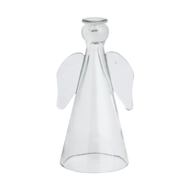 Blown glass angel figurine featuring a clear conical body, delicate wings, and a distinct halo