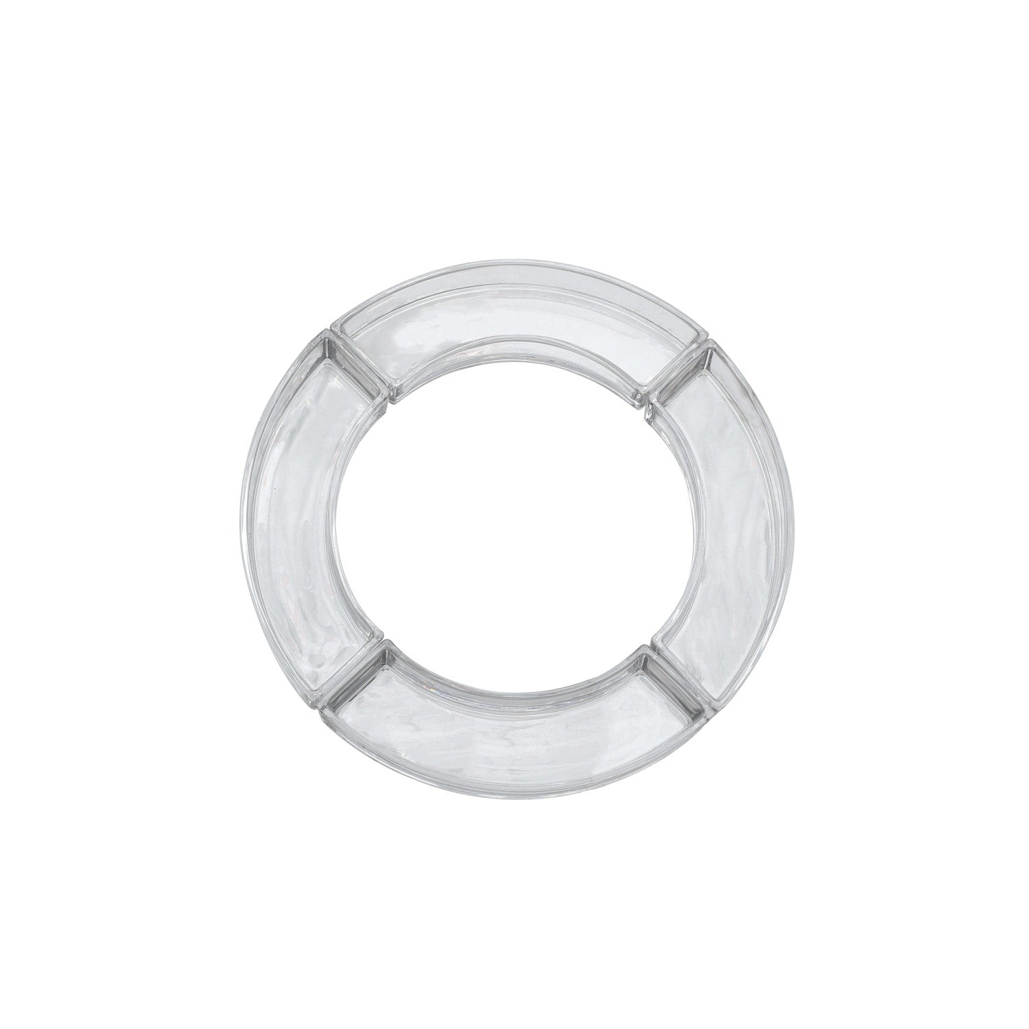 Clear glass circular serving tray with four separate compartments