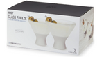 HOST Glass Freeze Cooling Martini Glasses product box showing two frosted glasses filled with green olives, mentioning proprietary cooling gel, and indicating a set of two 8.5 oz glasses on its white packaging with a black top and snowflake icon