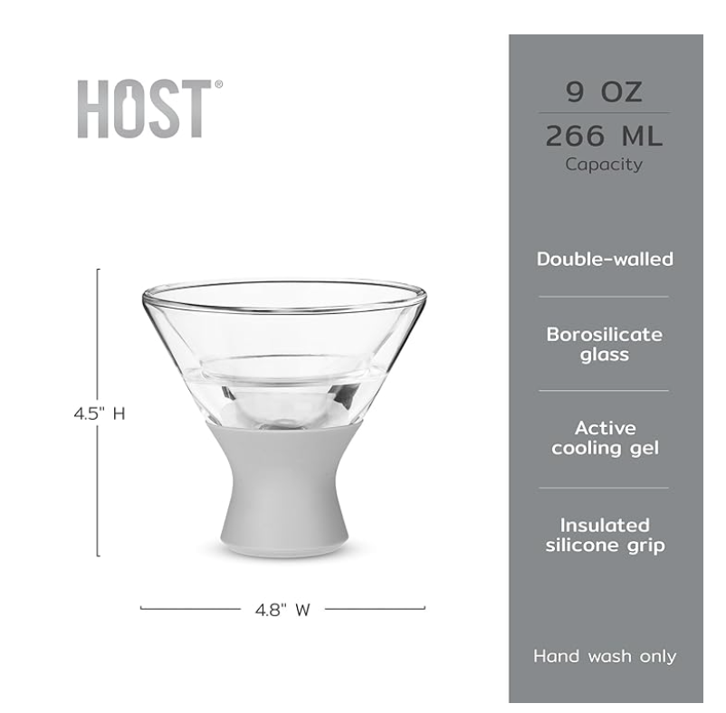 Product photo by HOST showcasing a double-walled borosilicate glass martini chiller with a light gray insulated silicone grip featuring active cooling gel and a 9-ounce capacity