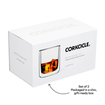 Product photography of a Corkcicle Rocks Glass Set box, a clean white gift-ready package featuring the black Corkcicle logo and an illustration of a double-walled rocks glass holding amber liquid with ice